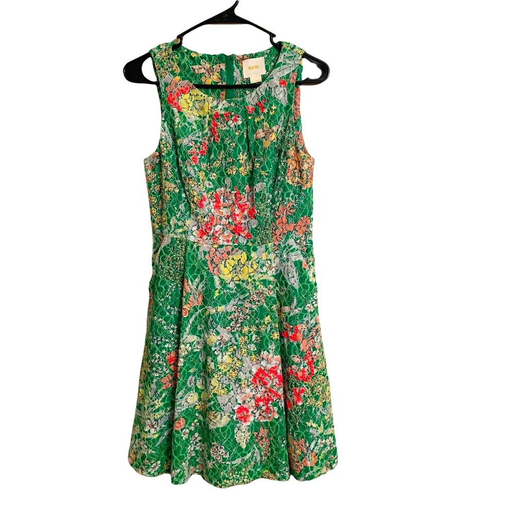 Anthropologie Maeve Size 2 Dress Verbena Lace Floral Green Sleeveless Sequined